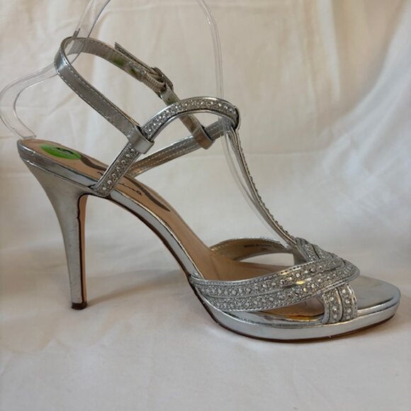 Nina Metallic Silver & Rhinestone High Heel Slingback Sandals Size 9.5M - Picture 3 of 13